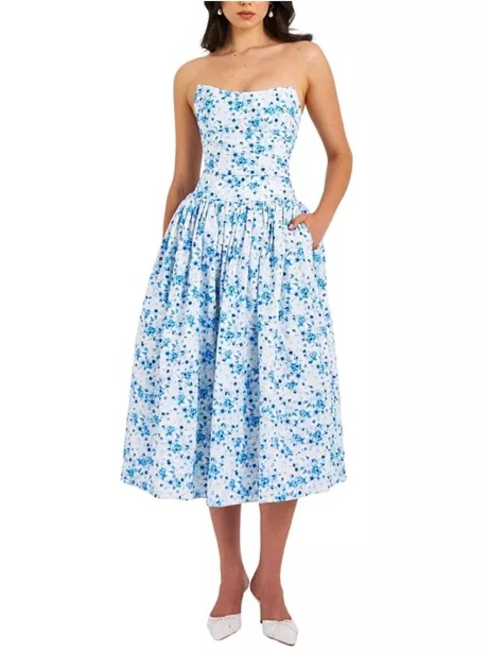 Strapless White Dress with Blue Floral Print